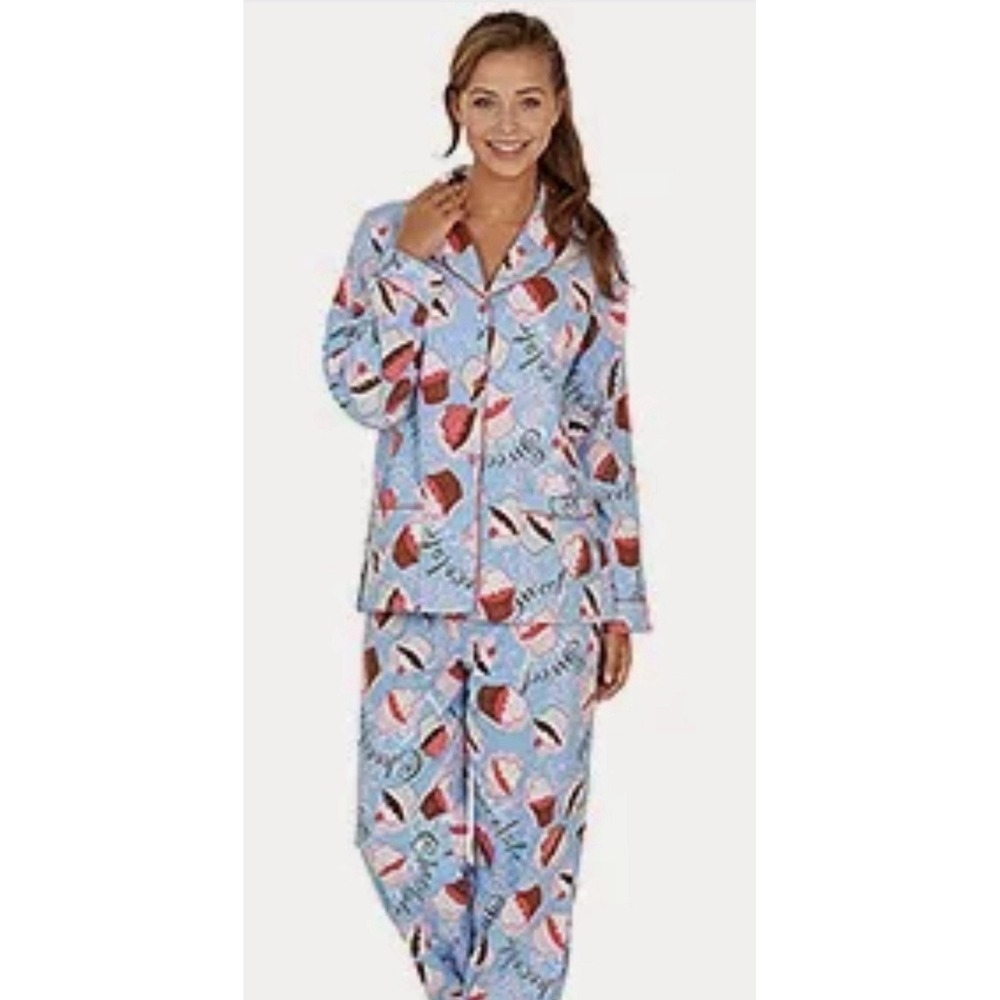 Pajamagram Women's Flannel Pajama Set Cupcake Chocolate Print Blue Pink 1X